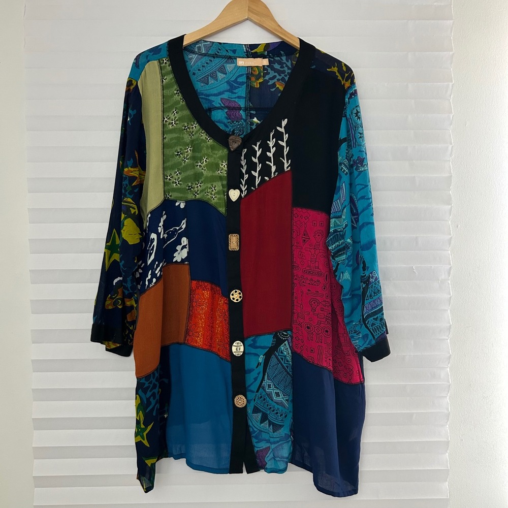 La Cera Womens 2X Patchwork Tribal Print Hippie Button Front Tunic Top Artsy‎